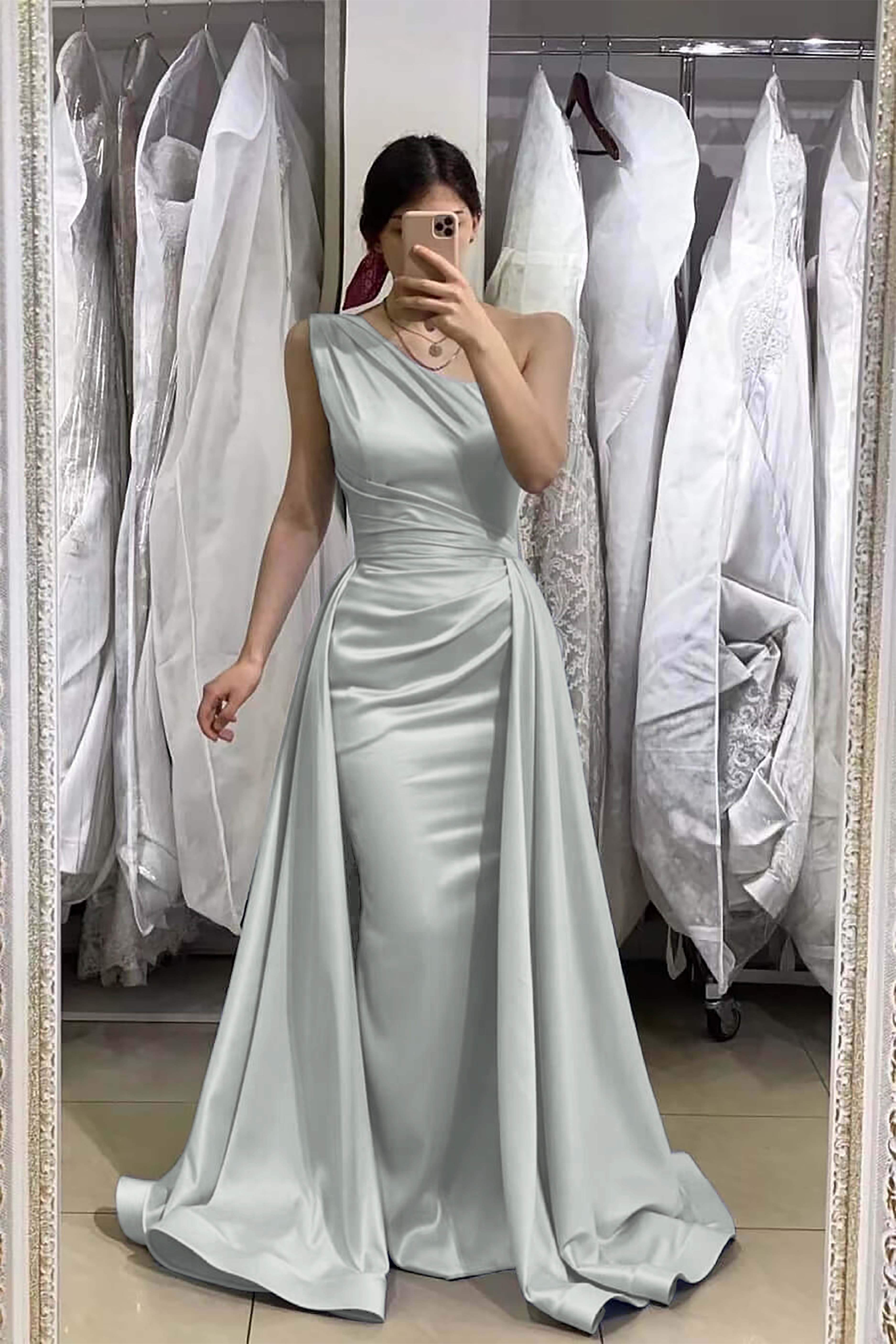 Light Blue Sleeveless Mermaid One Shoulder Long Prom Dress With Detachable Skirt