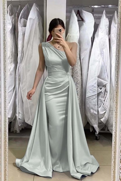 Light Blue Sleeveless Mermaid One Shoulder Long Prom Dress With Detachable Skirt