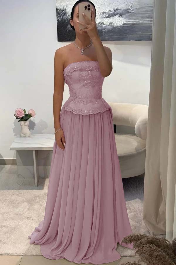Chic Strapless Sleeveless Long Prom Dress With Pleated Beading