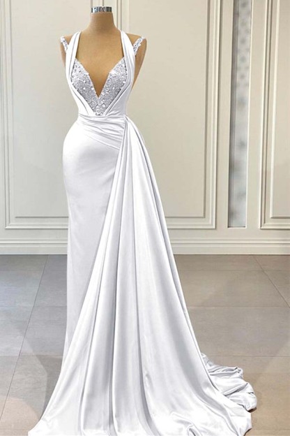 Halter V Neck Sleeveless Long Prom Dress With Beading Pleated