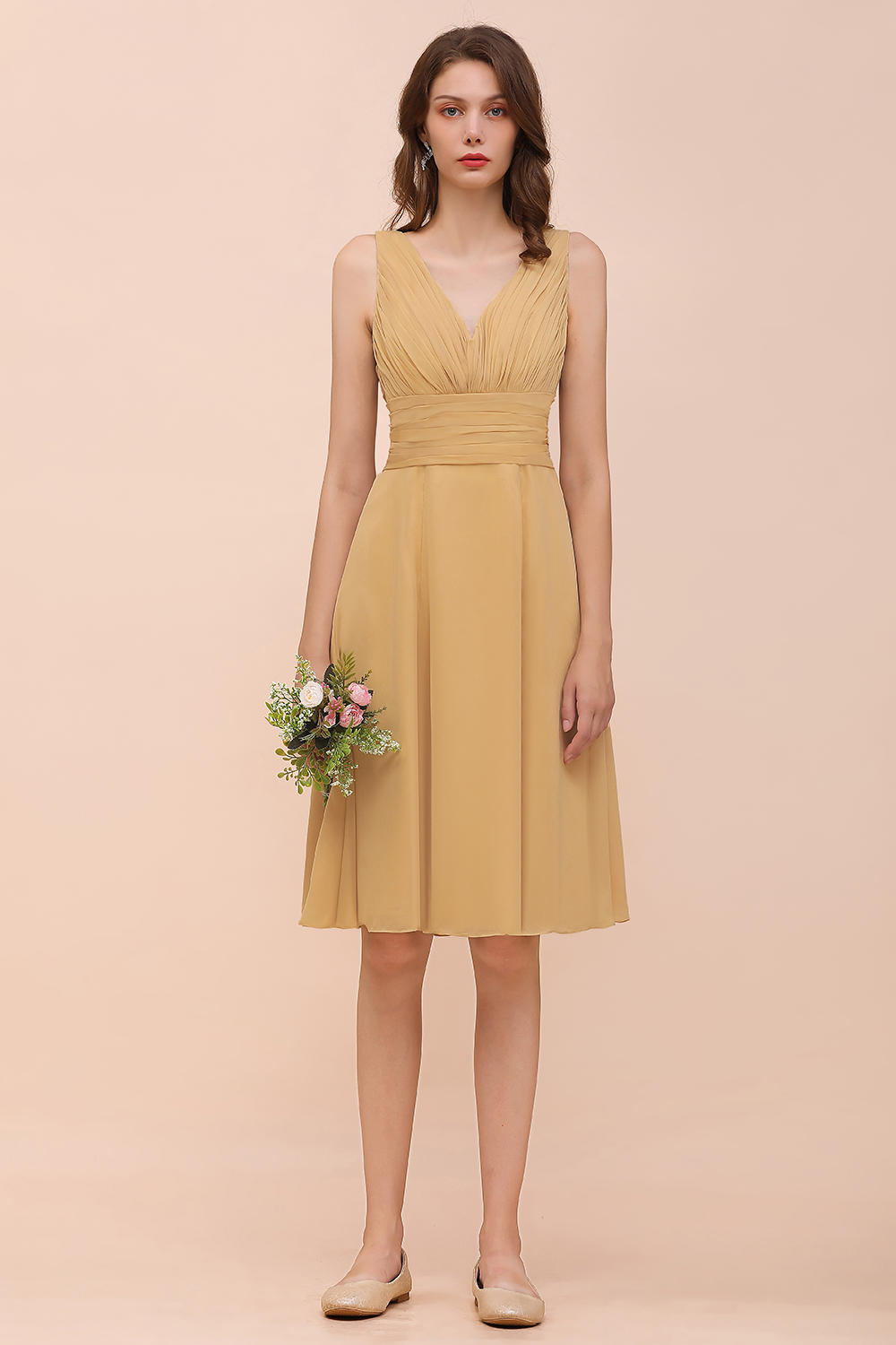 BMbridal Affordable V-Neck Ruffle Gold Short Bridesmaid Dresses with Bow-BMbridal