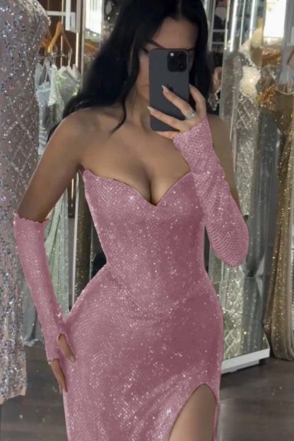 Sequin Strapless Long Mermaid Prom Dress With Split Detachable sleeves