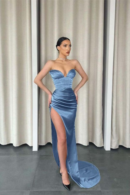 Mermaid Dark Green Sweetheart Sleeveless Pleated Long Prom Dress With Split