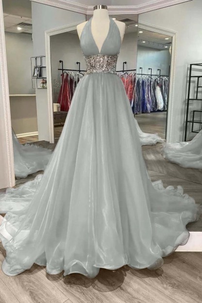 Halter Deep V Neck Sleeveless Long Prom Dress With Beading Ruffle