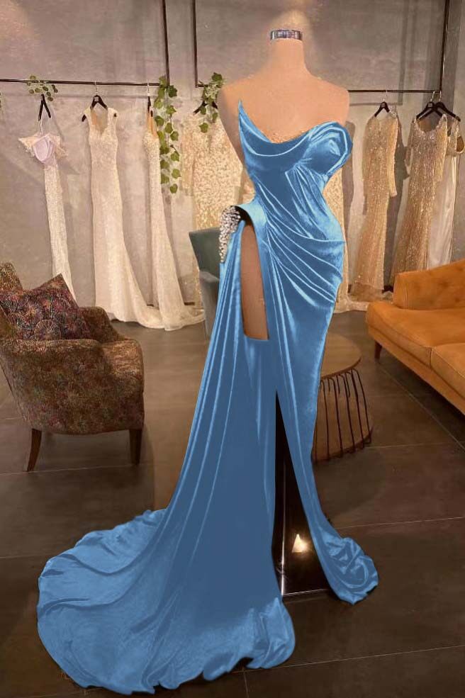 Strapless Sleeveless Long Prom Dress With High Split Pleated Beading