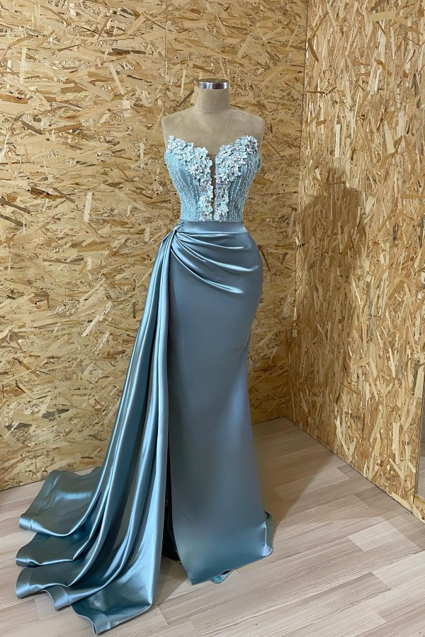 Sleeveless Strapless Mermaid Prom Appliques Dress With Split