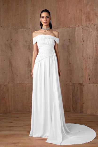 Off the Shoulder Sleeveless Strapless Ruffles Long Prom Dress With Beading