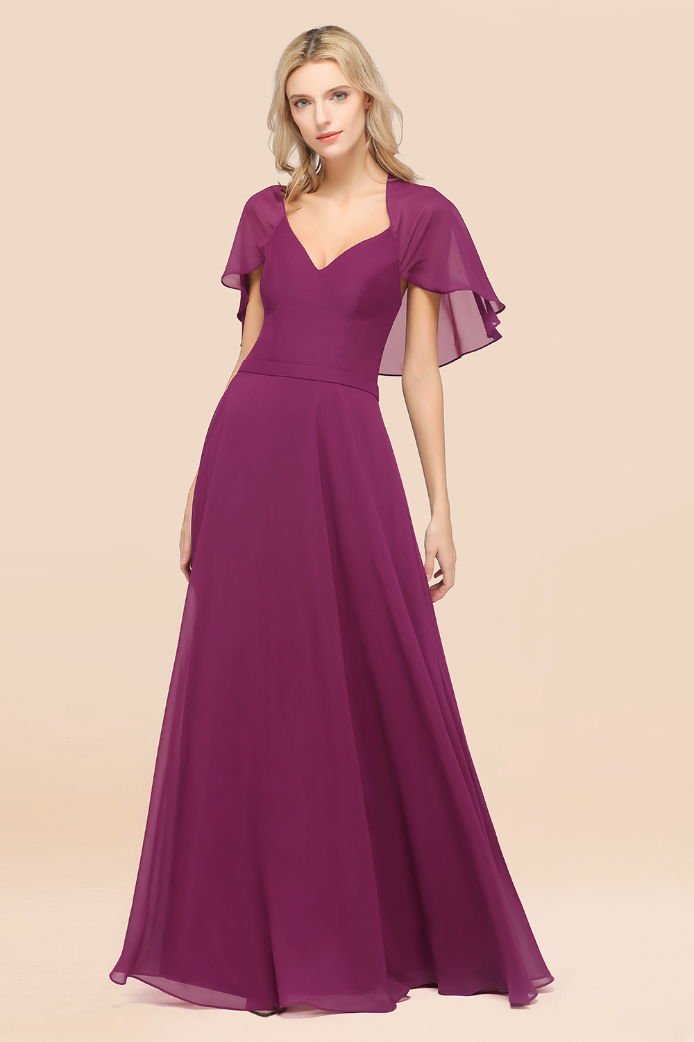 BMbridal Chic Satin V-Neck Long Burgundy Chiffon Bridesmaid Dress with Flutter Sleeve-BMbridal
