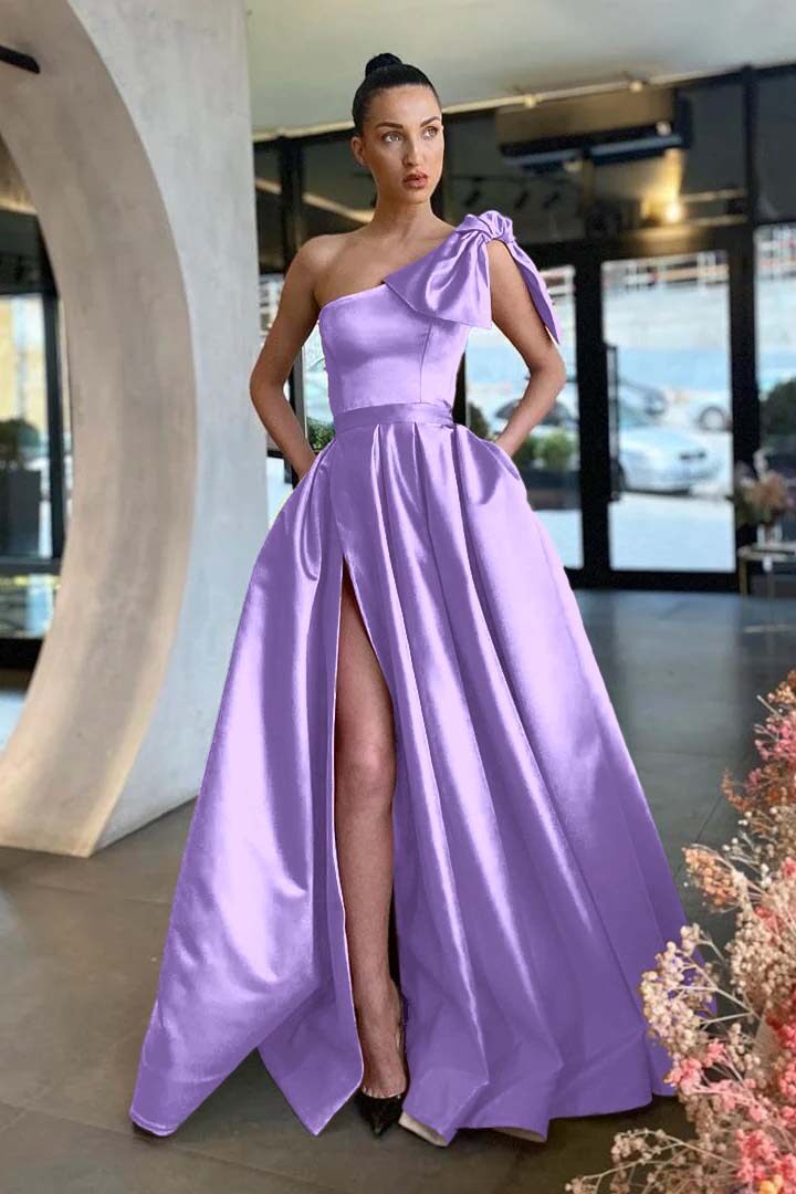 One Shoulder Sleeveless Long Split Prom Dress With Pockets Pleated