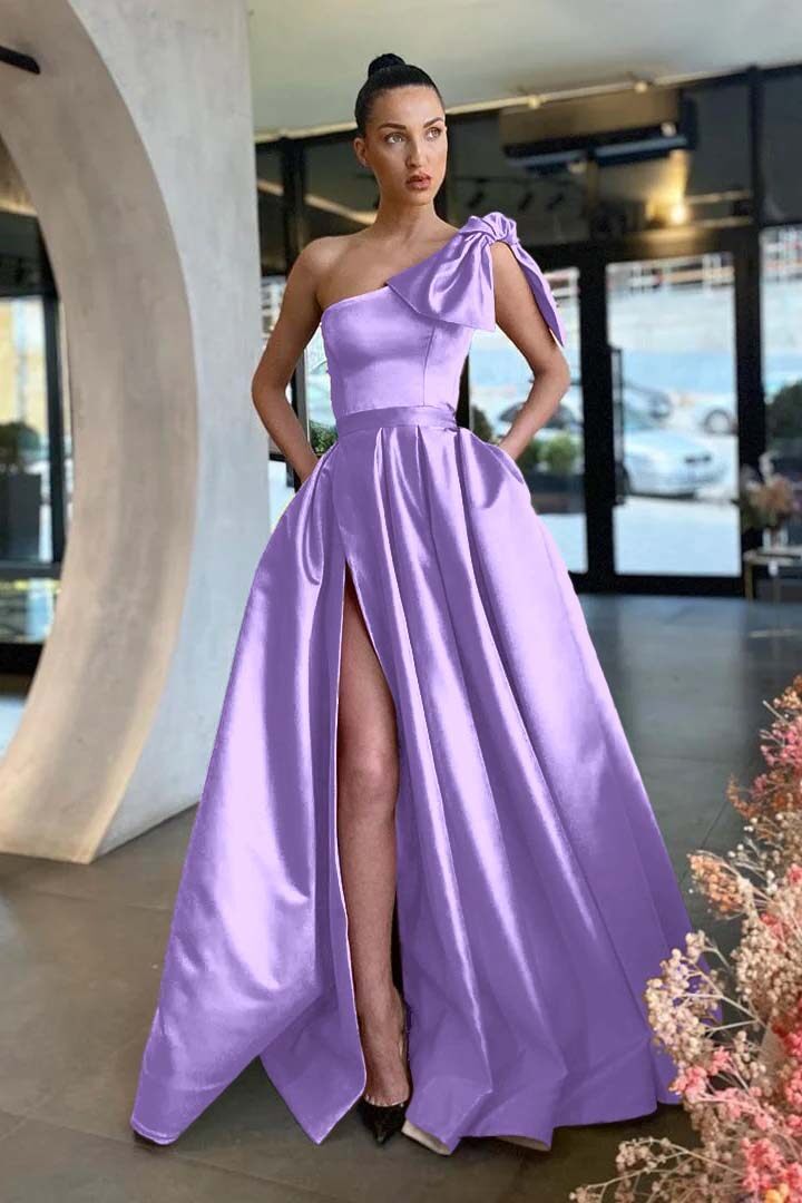 One Shoulder Sleeveless Long Split Prom Dress With Pockets Pleated