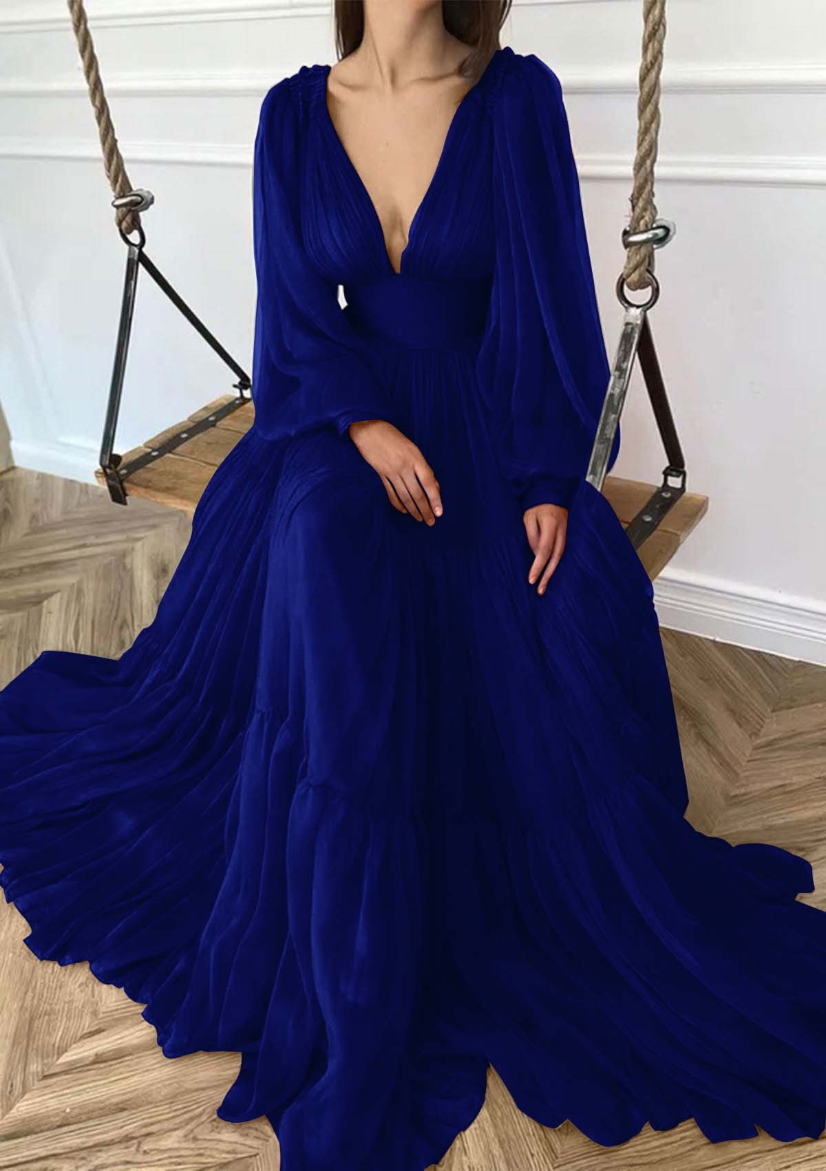 Deep V Neck Long Sleeves High Waist Long Prom Dress With Ruffles