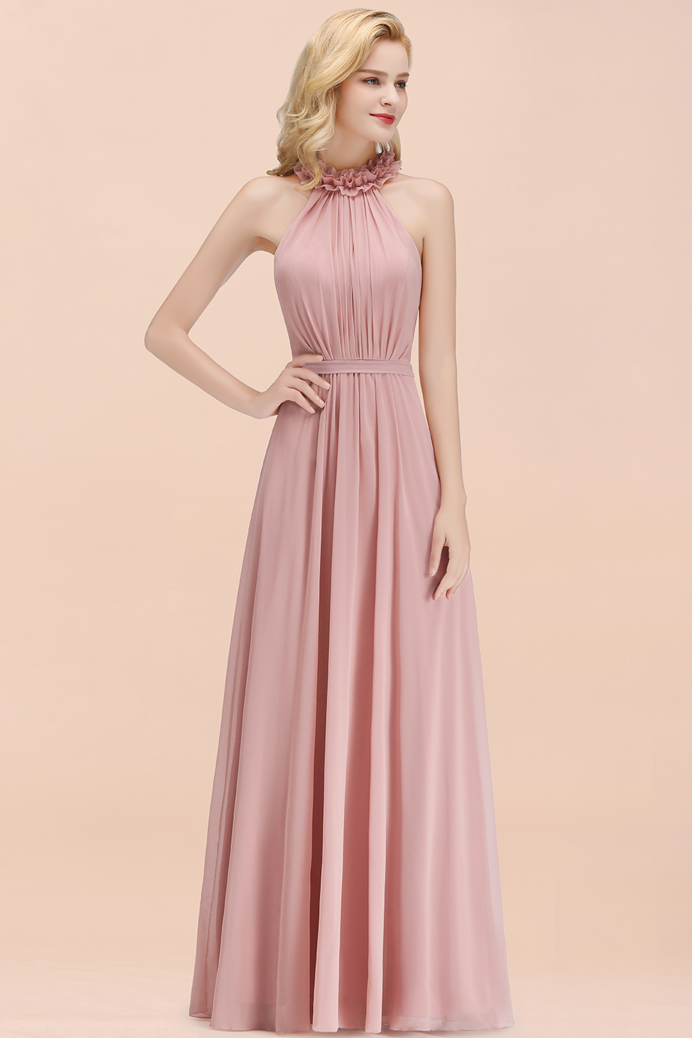 BMbridal Modest High-Neck Halter Ruffle Chiffon Bridesmaid Dresses Affordable-BMbridal