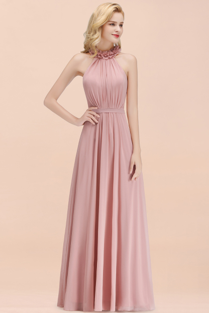 BMbridal Modest High-Neck Halter Ruffle Chiffon Bridesmaid Dresses Affordable-BMbridal