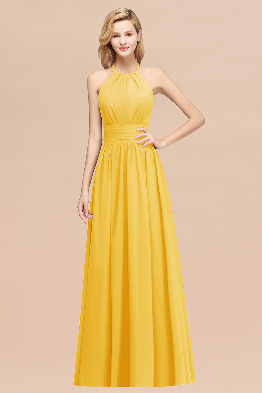 BMbridal Elegant High-Neck Halter Long Affordable Bridesmaid Dresses with Ruffles-BMbridal