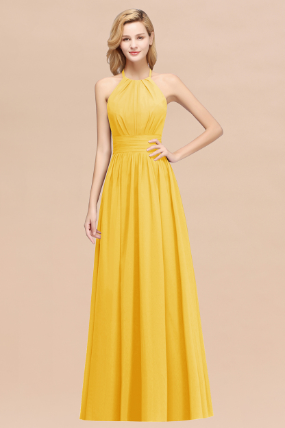 BMbridal Elegant High-Neck Halter Long Affordable Bridesmaid Dresses with Ruffles-BMbridal