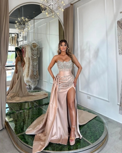 Lotus Root Pink Beads Prom Dress Sleeveless With Front Slit Trail