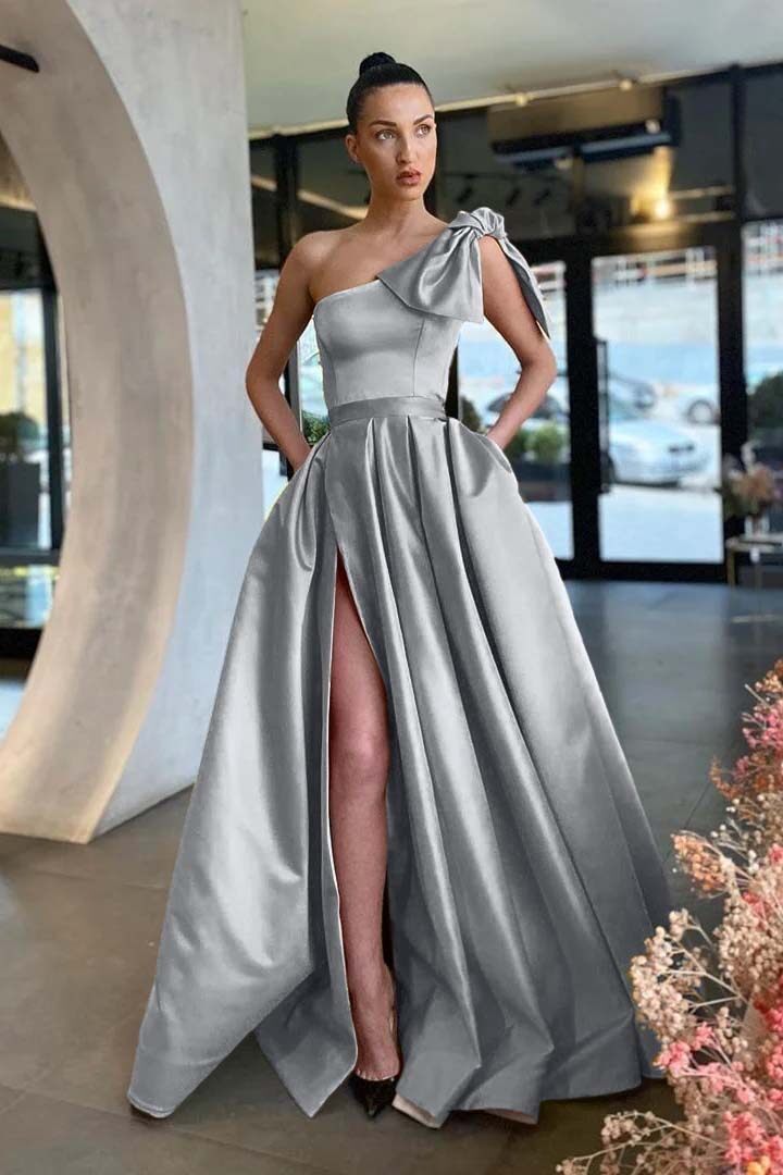 One Shoulder Sleeveless Long Split Prom Dress With Pockets Pleated