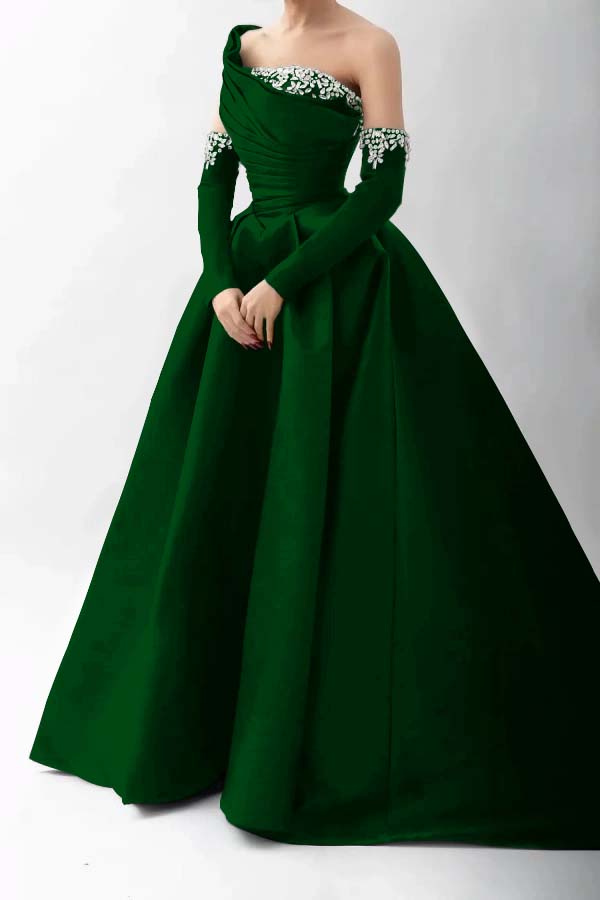 One Shoulder A Line Long Prom Dress With Beading Detachable sleeves