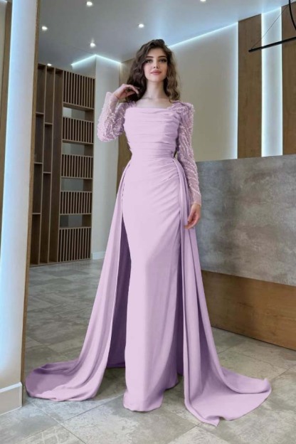 Long Sleeves Square Neck Long Mermaid Prom Dress With Pleated