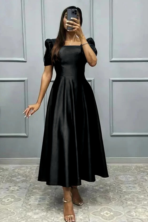 Elegant Square A Line High Waist Pleated Prom Dress With Short Sleeves