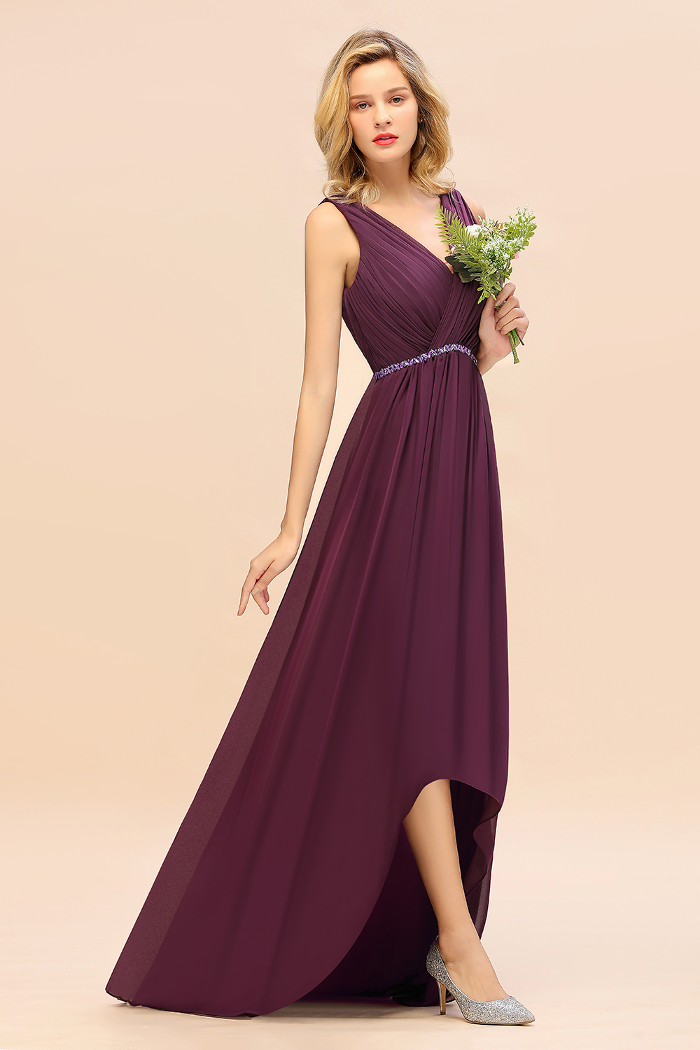 BMbridal Chic Hi-Lo V Neck Ruffle Bridesmaid Dress with Beading Sash-BMbridal