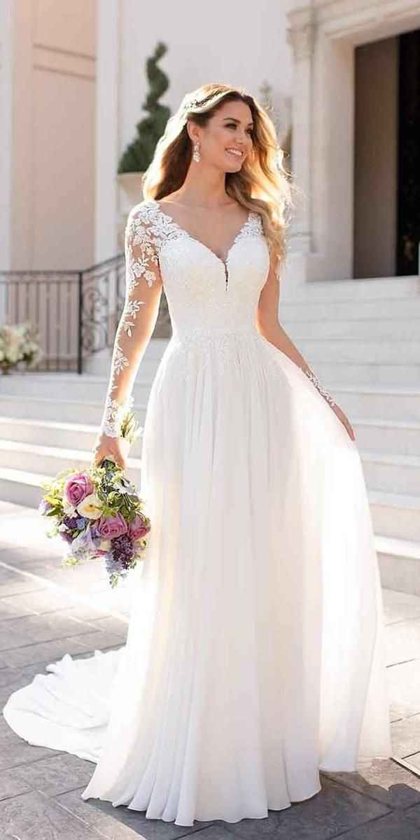Wedding Dresses for Bride 2025 with Lace Appliques Chiffon A Line Women Dress Long Sleeves Beach Bride Dress-BMbridal.UK