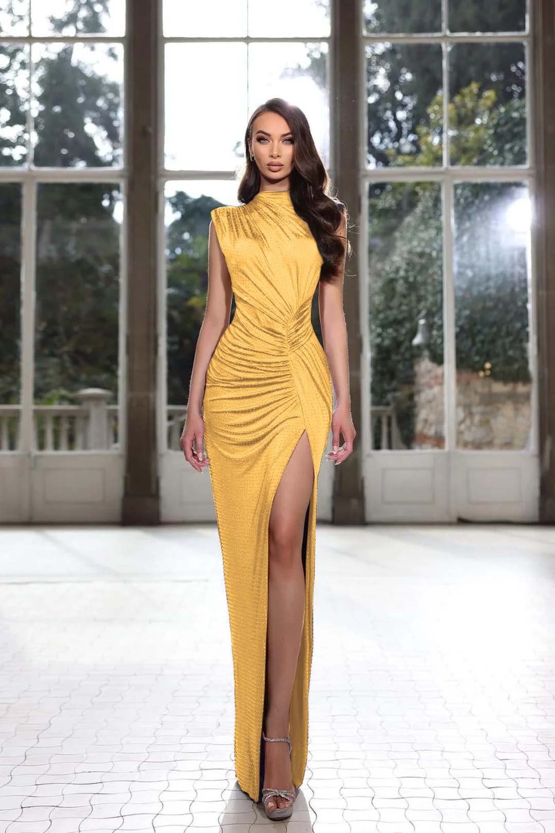 Simple Sleeveless Prom Dress Royal Blue High Neck With High Slit