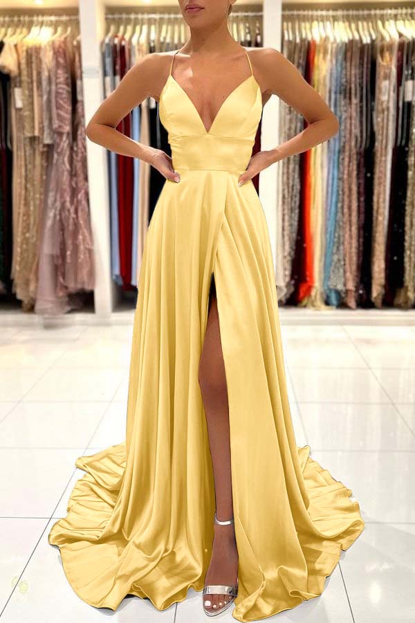 Simple Blue A Line Sleeveless Spaghetti Strap Split Prom Dress With Open Back