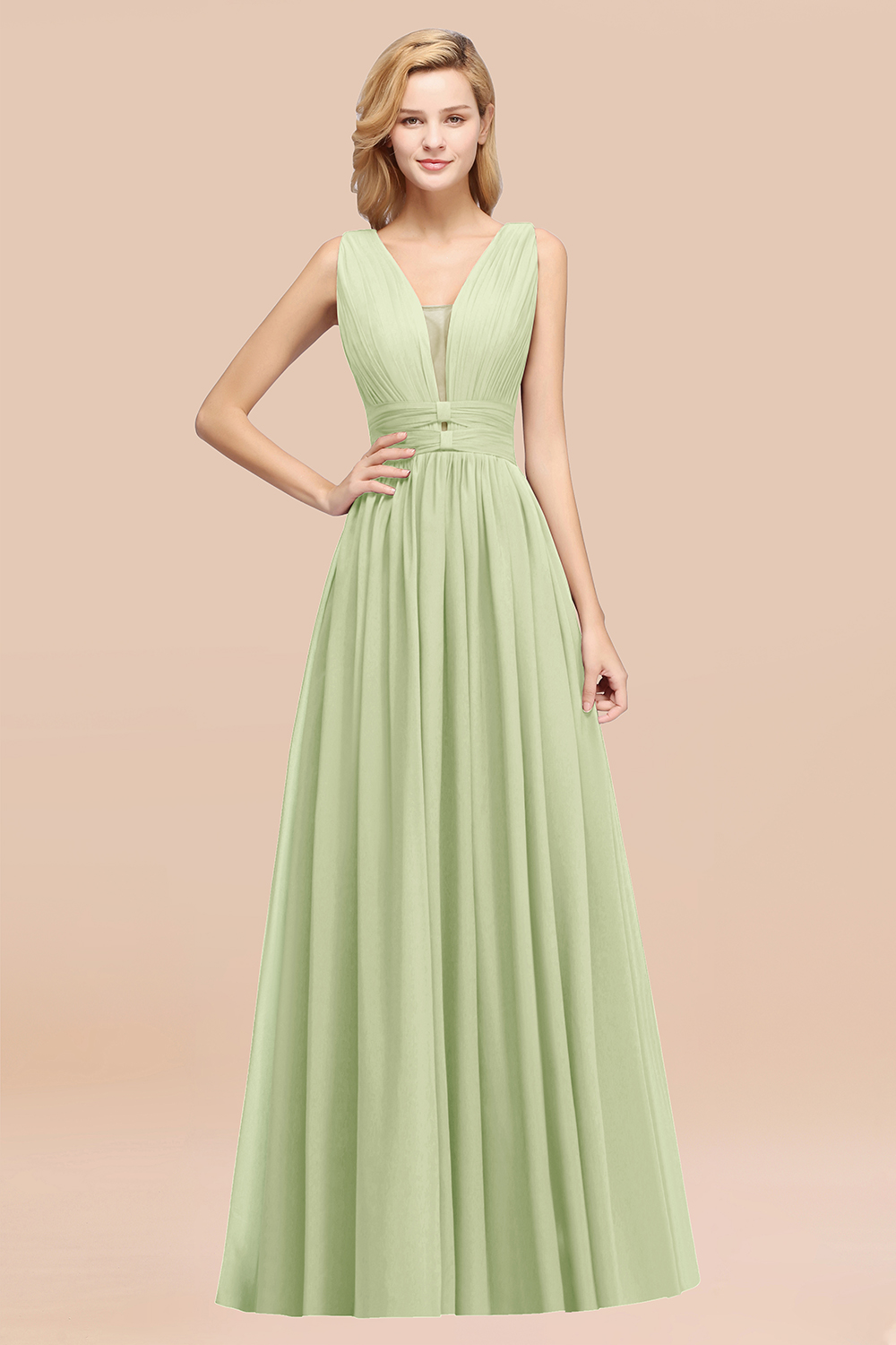 BMbridal Modest Dark Green Long Bridesmaid Dress Deep V-Neck Chiffon Maid of Honor Dress-BMbridal