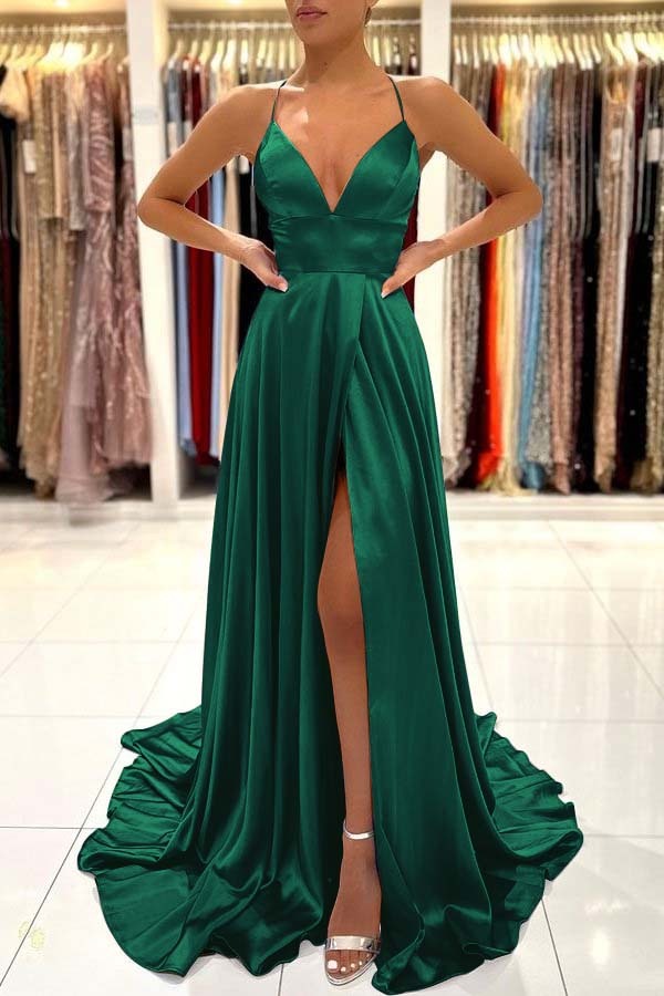 Simple Blue A Line Sleeveless Spaghetti Strap Split Prom Dress With Open Back