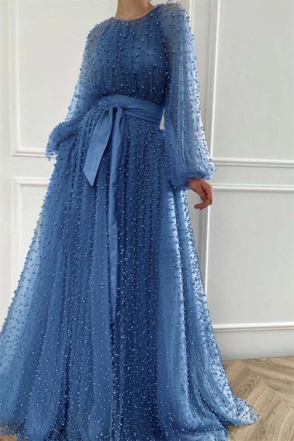 Long Sleeves Long Jewel Neck Prom Dress With Pleated Beading