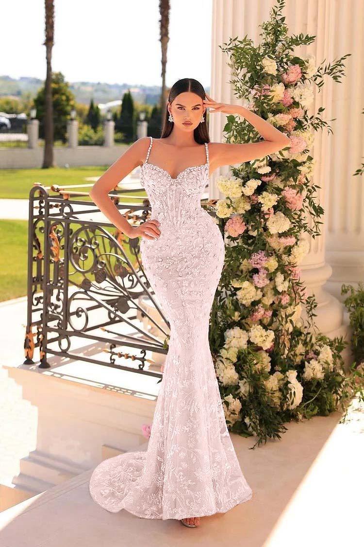 Spaghetti Strap Sleeveless Mermaid Appliques Long Prom Dress With Beadings