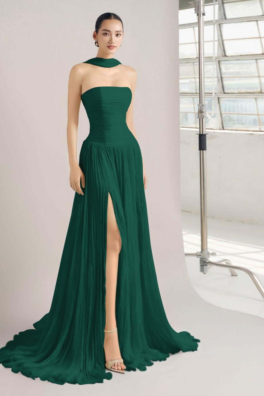 Strapless Sleeveless Long Split Prom Dress With Pleated Ruffles