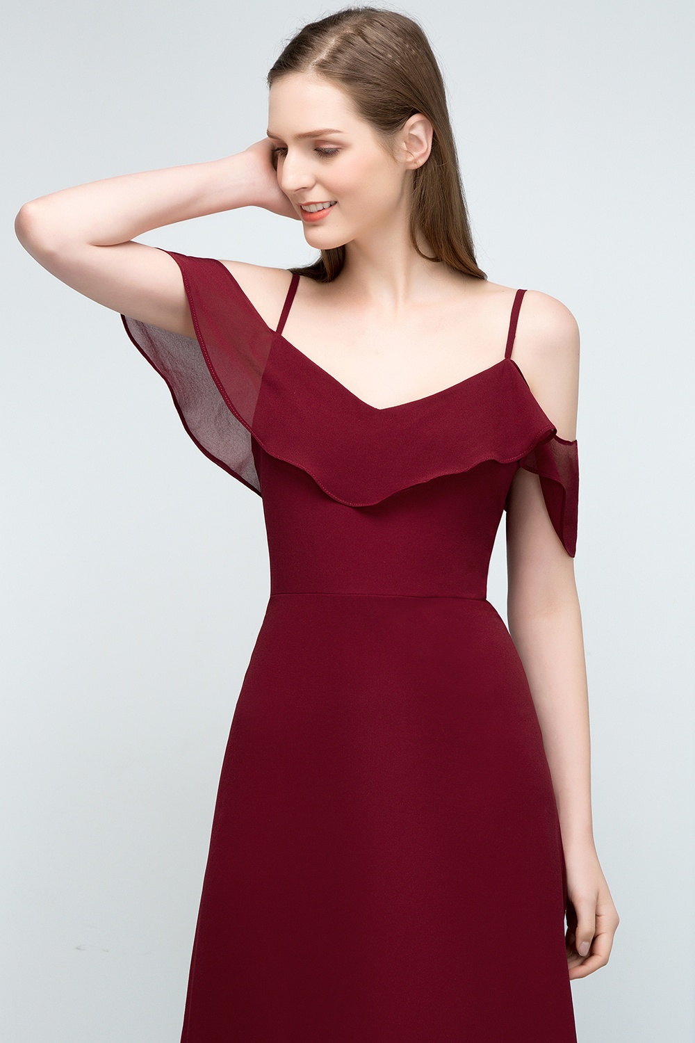 BMbridal Affordable Off-the-shoulder Burgundy Chiffon Bridesmaid Dress With Spaghetti Straps-BMbridal