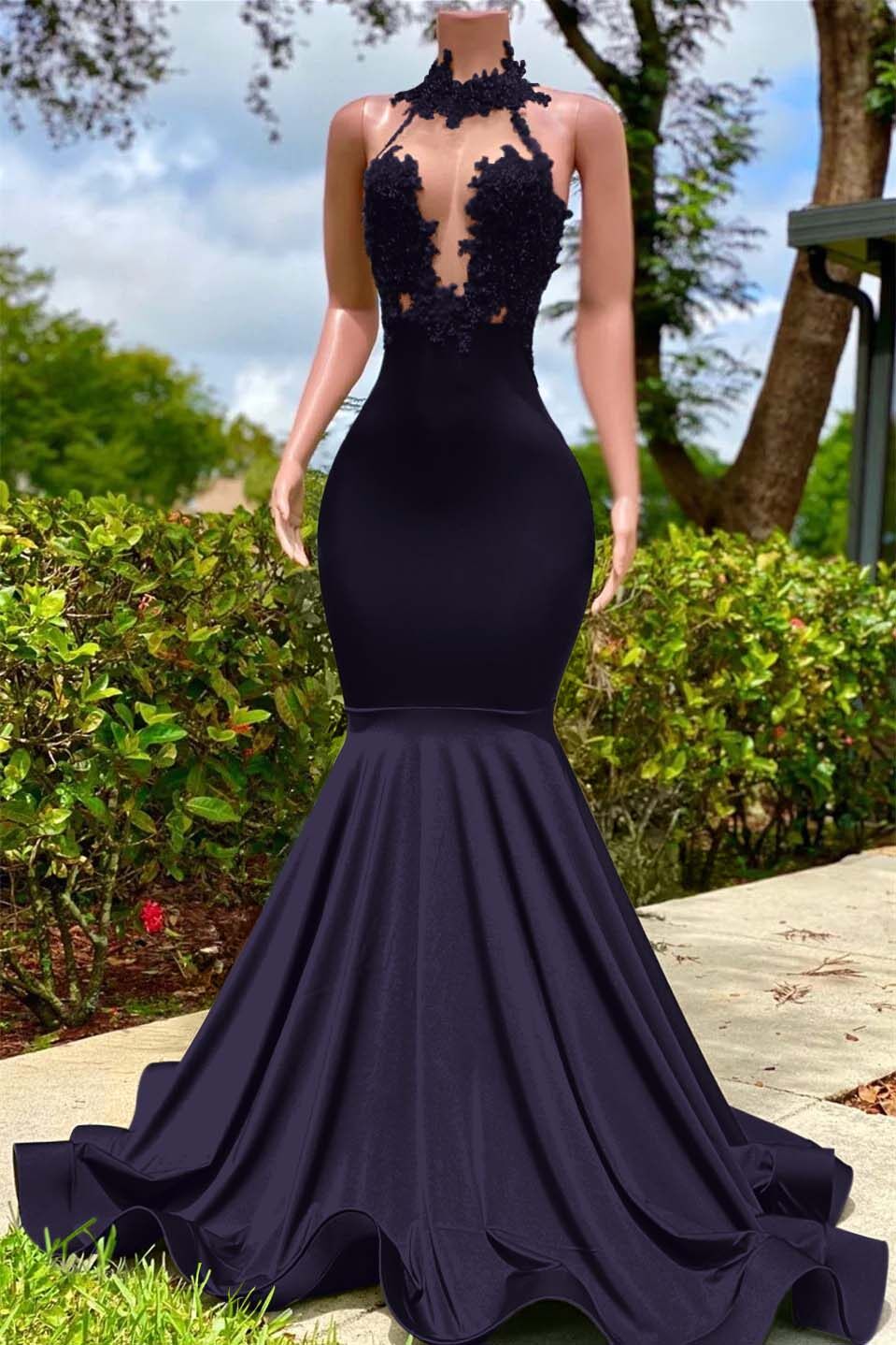 Halter Sleeveless Long Mermaid Prom Dress With Appliques Ruffles
