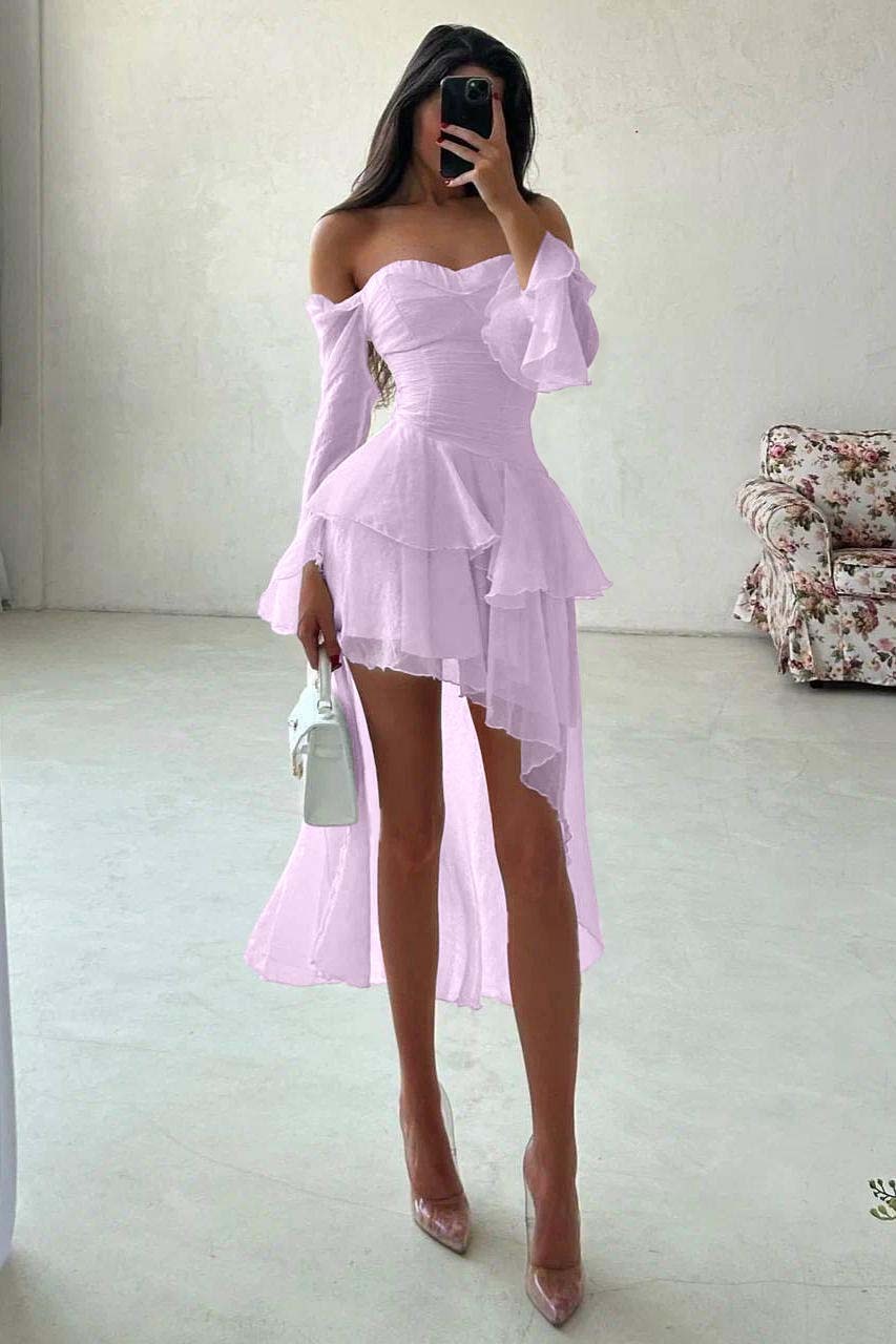Strapless Long Sleeves Off the Shoulder Short Prom Dress With Ruffles