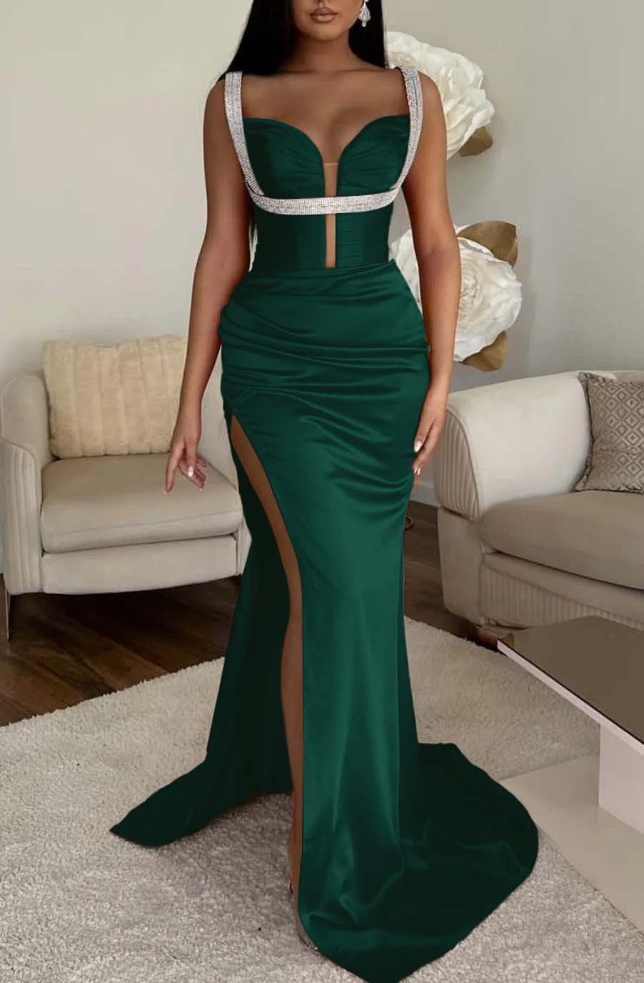 Mermaid Prom Dress Spaghetti Strap Fuchsia With High Split Sleeveless