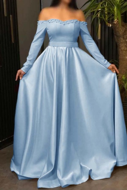 Off the Shoulder Long Sleeves Long Prom Dress With Pleated Beading