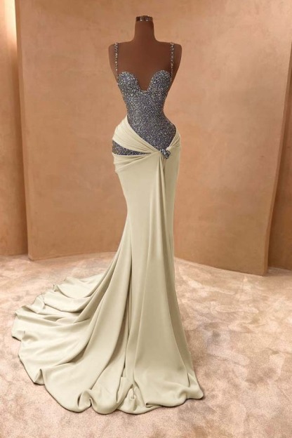 Spaghetti Strap Sleeveless Long Mermaid Prom Dress With Beading