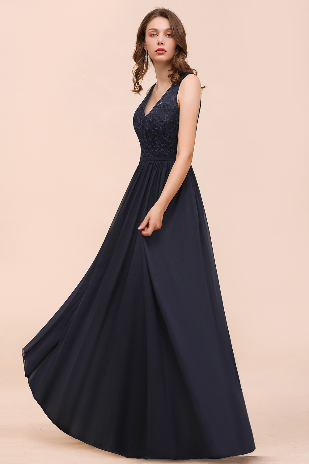 BMbridal Affordable Lace V-Neck Navy Bridesmaid Dress with Open Back-BMbridal