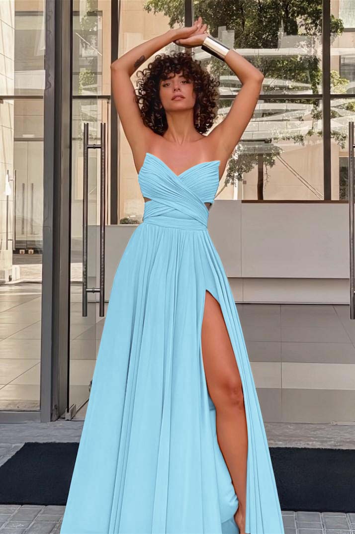 Strapless Sleeveless Long High Split Prom Dress With Pleated