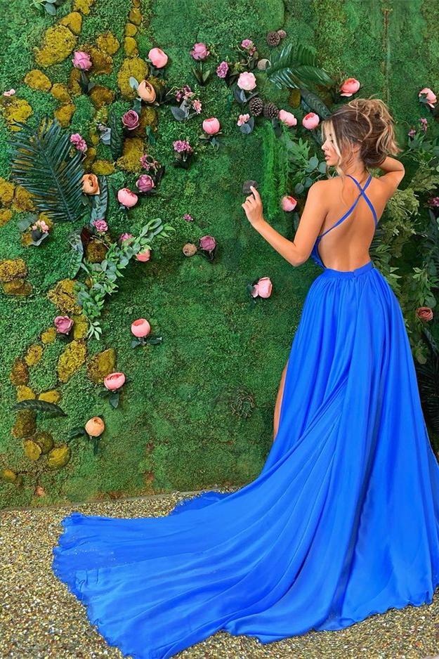 Sleeveless High Waist Royal Blue A Line Long Prom Dress With Front Split