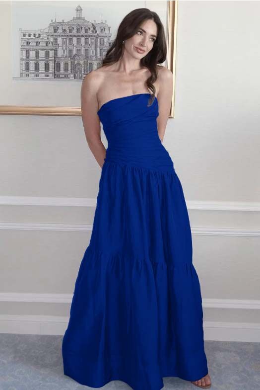 Strapless Sleeveless A Line Long Prom Dress With Pleated Pockets