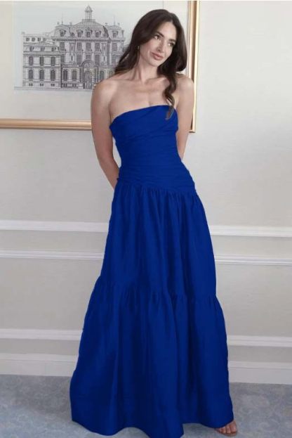Strapless Sleeveless A Line Long Prom Dress With Pleated Pockets