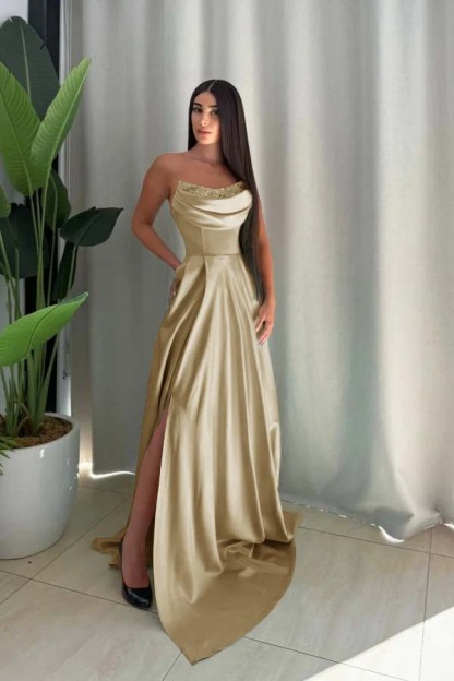 Strapless Sleeveless Long Split Prom Dress With Pleated Sequin