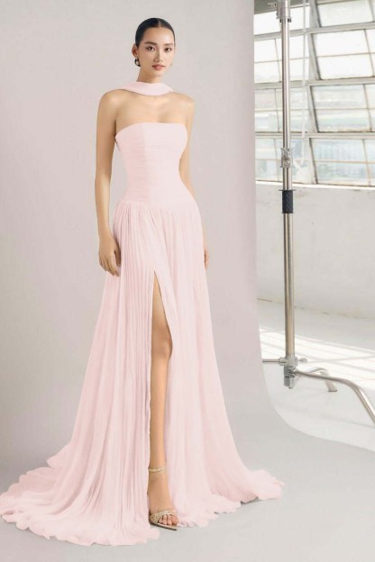 Strapless Sleeveless Long Split Prom Dress With Pleated Ruffles