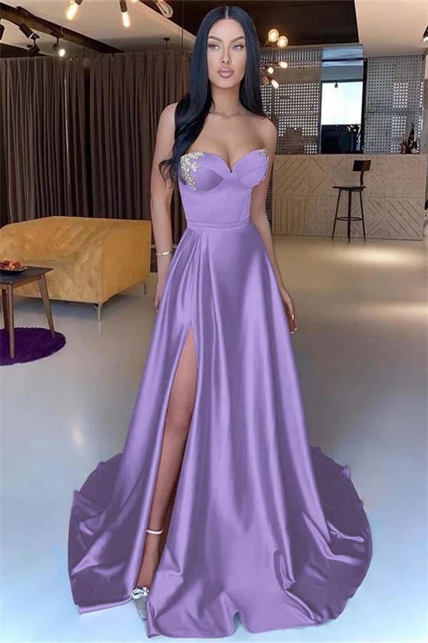 Sweetheart Yellow Strapless Mermaid Beadings Long Prom Dress With Split