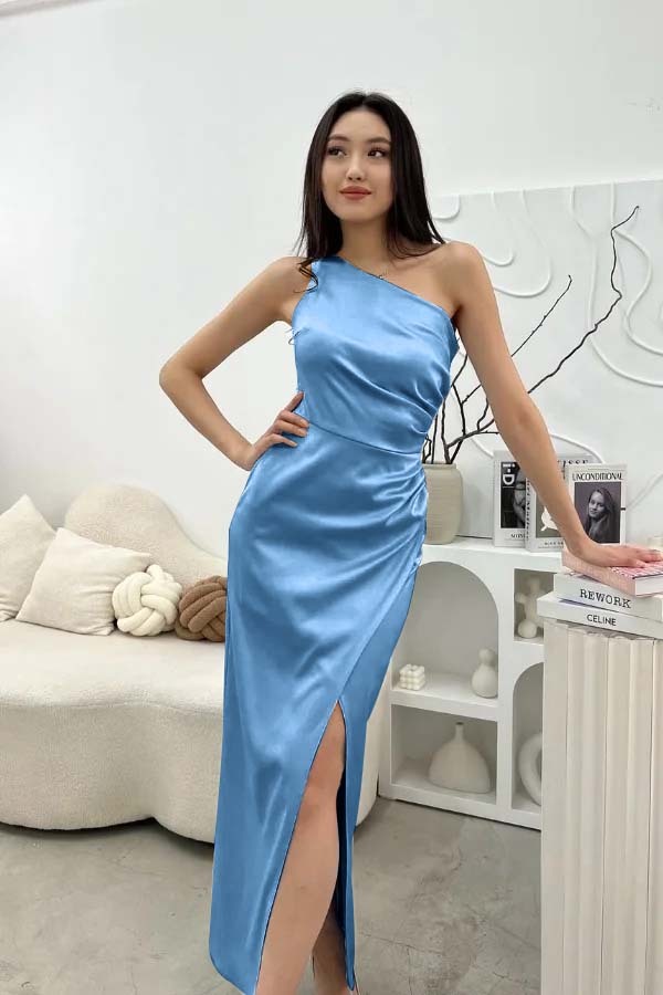 Chic Sleeveless One Shoulder Long Prom Dress With Pleated Split