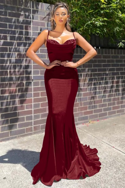Long Spaghetti Strap Sleeveless Mermaid Ruffles Prom Dress With Beadings