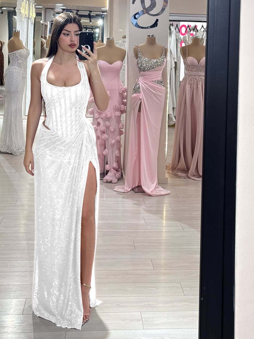 Sequins Halter Sleeveless Long Mermaid Prom Dress With Split